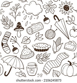 Doodle Autumn seamless pattern. Hand drawn seasonal elements isolated on white background. Vector illustration.
