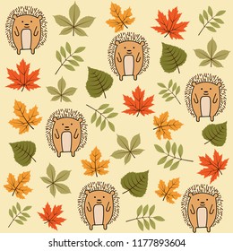 Doodle autumn seamless pattern with leaves and hedgehogs