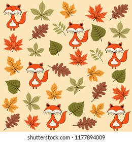 Doodle autumn seamless pattern with leaves and foxes
