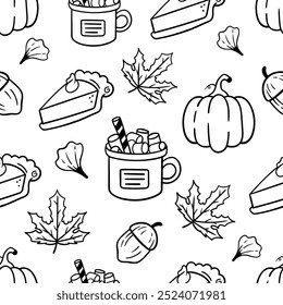 Doodle Autumn Season Seamless Pattern including hot chocolate, pumpkin, pie cake, chestnut.