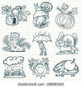 Doodle autumn season set with animals