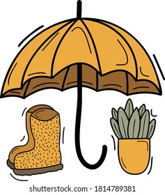 
doodle autumn set with colored elements, rubber boots, umbrella, house plant, hand drawn illustration