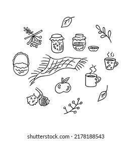 Doodle autumn set, hand drawn cups of tea, jar of jam and berries on blanket. Sketch,freehand minimalistic design, child drawing.Isolated.Vector illustration