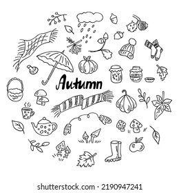 Doodle autumn set, hand drawn elements for cold weather. Berries, leaves, fruits, harvest, teapot and cups, knitted accessories. Sketch,freehand minimalistic design, child drawing.Isolated.Vector