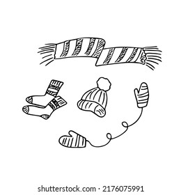 Doodle autumn and winter set, hand drawn hat, scarf, mittens, warm socks, knitted accessories for cold weather. Sketch,freehand minimalistic design, child drawing.Isolated.Vector illustration