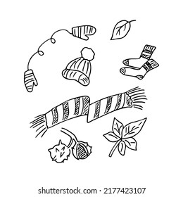 Doodle autumn and winter set, hand drawn chestnut, leaves and knitted accessories for cold weather. Sketch,freehand minimalistic design, child drawing.Isolated.Vector illustration