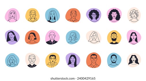 Caras de avatares de Doodle. Caricatura de personajes de historietas con diferentes emociones, fotos de perfil de usuarios divertidas y de moda. Conjunto aislado de vectores de historieta de dibujos animados