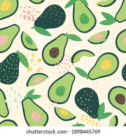 Doodle avocado and abstract elements. Vector seamless pattern. Hand drawn illustrations.
