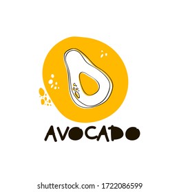 Doodle Avocado Fruit in Circle mit Spots und Inschriftenkunde Vektorgrafik. Designs für stylische Juicy- und Ripe Fruit