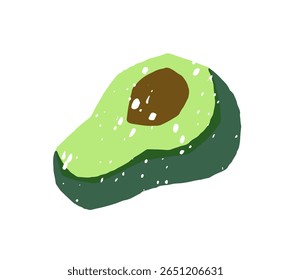 Doodle avocado half. Icon of piece of green fruit with stone. Farm food for healthy eating. Fresh organic product. Natural nutrition. Flat isolated hand drawn vector illustration on white background