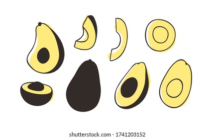 Doodle avocado. Hand drawn stylish fruit and vegetable. Vector artistic drawing fresh organic food. Summer illustration vegan ingrediens for smoothies