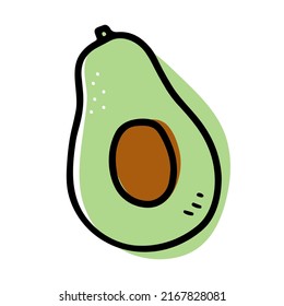 Doodle Avocado. Hand-drawn fresh natural fruit isolated on white background. Green symbol of healthy vegetarian food, diet, vitamin, breakfast, delicious snack, organic plant. Vector illustration