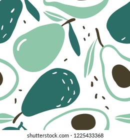 Doodle avocado vector seamless pattern. Cute colorful background texture for kitchen wallpaper, textile, fabric, paper. Flat fruits background. Vegan, farm, natural food illustration