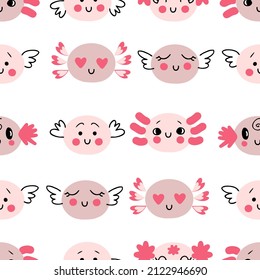 Los axolotls Doodle se enfrentan con diferentes emociones sin fisuras. Perfecto para camisetas, textiles e impresos. Ilustración vectorial dibujada a mano para la decoración y el diseño. 
