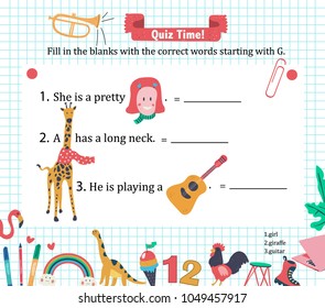 Doodle A-Z alphabet exercise for kids: writing letter G vocabulary puzzle with girl, guitar, and giraffe, hand drawn flat style, illustration, vector