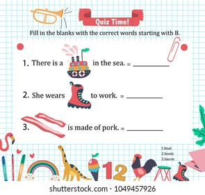 Doodle A-Z alphabet exercise for kids: writing letter B vocabulary puzzle with boat, boots, and bacon, hand drawn flat style, illustration, vector