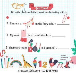 Doodle A-Z alphabet exercise for kids: writing letter U vocabulary puzzle with utensils, unicorn, and underwear, hand drawn flat style, illustration, vector
