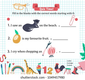 Doodle A-Z alphabet exercise for kids: writing letter O vocabulary puzzle with otter, orange, and onion, hand drawn flat style, illustration, vector