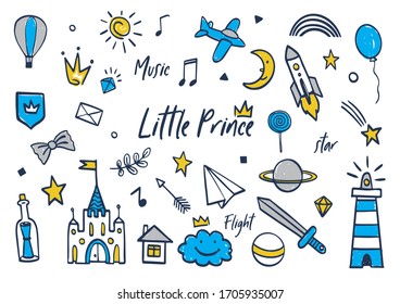 Doodle baby boy little prince sketch set. Collection of black hand drawn symbols. Cute magic crown, star,
geometric, sword, shield, castle, airplane for little baby boy. Design kit white background