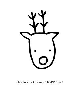 Doodle baby deer head with horns for Happy Holidays. Merry Christmas and Happy New Year cute card in sketch style
