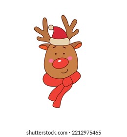 Doodle baby deer head. The Red-nosed Reindeer. Vector illustration on white background. Isolated.