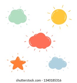 Doodle baby empty comic bubbles sun clouds star with splashes. Vector illustration isolated on white background