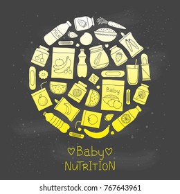 Doodle baby foods including drinks, porridges, puree and desserts composed in circle shape.