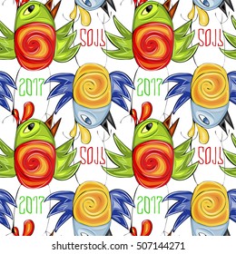 Doodle baby roosters seamless pattern with 2017 lettering.