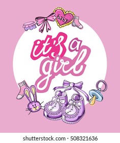 Doodle baby shower design vector illustration, hand drawn baby set. Its a girl.