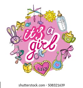 Doodle baby shower design vector illustration, hand drawn baby set. Its a girl.