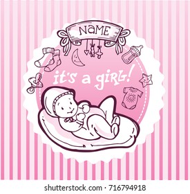 Doodle baby shower design vector illustration, hand drawn baby set. Its a girl.