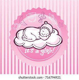 Doodle baby shower design vector illustration, hand drawn baby set. Its a girl.