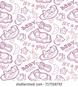 Doodle baby shower design vector illustration, hand drawn baby set. Its a girl.