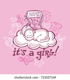 Doodle baby shower design vector illustration, hand drawn baby set. Its a girl.