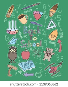 Doodle back to school, book, owl, experiment, love, teddy bear with detail background