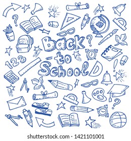 doodle back to school icon set, hand drawn concept education, with blue colors