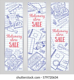Doodle back to school illustration set of vertical templates on squared paper. Sketchy vector concepts with stationery for graphic design, web banner and printed materials.