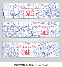 Doodle back to school illustration set of horizontal templates on squared paper. Sketchy vector concepts with stationery for graphic design, web banner and printed materials.