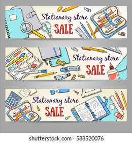 Doodle back to school illustration set of horizontal templates. Sketchy vector concepts with stationery for graphic design, web banner and printed materials.