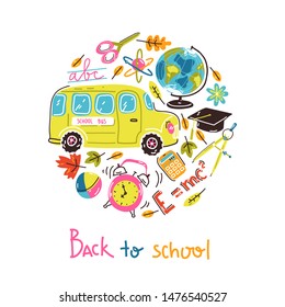 Doodle back to school round illustration. Vector illustrations in sketchy light style. Bright colors