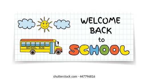 Doodle Back to School sale banner on notepad. Hand drawn education symbols on notebook paper. School supplies sale concept. Invitation template. Vector illustration.