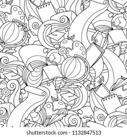 Doodle Back to school seamless pattern. School objects for coloring and design. Easy to change color. Vector background.