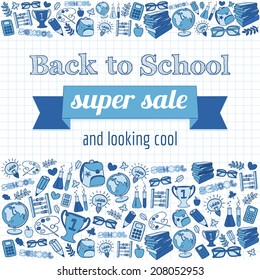 Doodle back to school super sale postewith pen drawn on paper effect. Vector illustration.