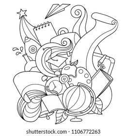 Doodle Back to school vector illustration. School objects with curves for coloring and design. Possibility to easily change colors. 