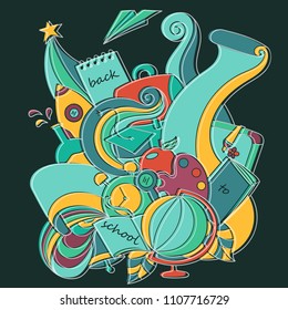 Doodle "Back to school" vector items. Colorful school objects with curves and ribbons in blue and yellow on dark green. Contour is editable.