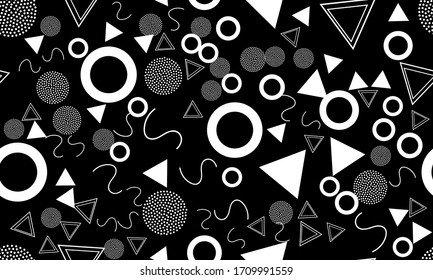 Fondo Doodle. Memphis Design. Patrón 90 sin inconvenientes. Patrón de diversión del perro.Fondo impecable. Ilustración vectorial. Memphis estilo 80-90. Fondo divertido.