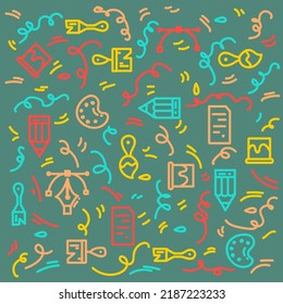 Doodle background of artistic instruments. Pattern materials for drawing. Watercolor illustration, brushes, easel. Vector illustration