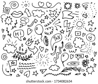 Doodle Background. Black Hand Drawn Vector Elements. Arrow, Heart, Love, Star, Leaf, Sun, Flower, Crown, Swirl, Cloud Etc