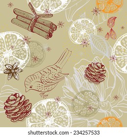 Doodle background with citrus, bird and snowflakes, seamless winter pattern