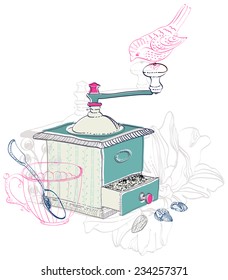 Doodle background with coffee mill, flowers and birds over white